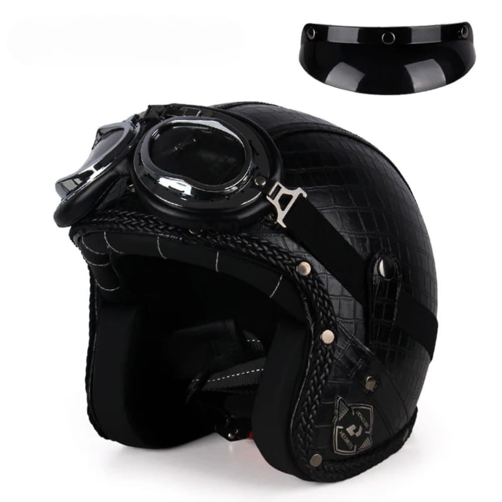 Casque Jet | Retro Vintage | casque moto Cuir Synthétique avec Lunette