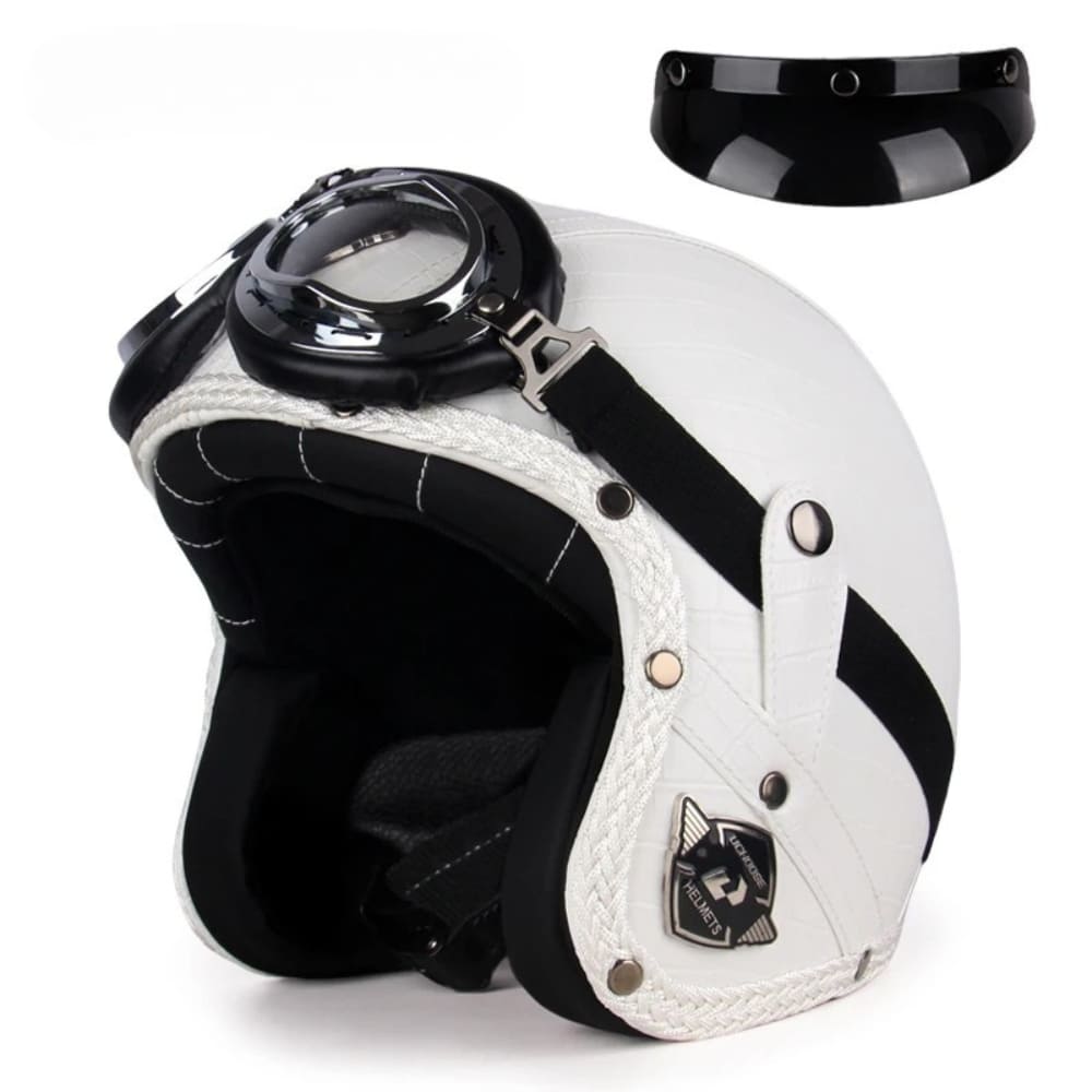 Casque Jet | Retro Vintage | casque moto Cuir Synthétique avec Lunette