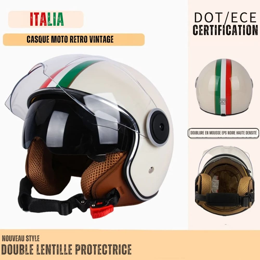 Casque Moto Retro Vintage Blanc  |  Double Visière