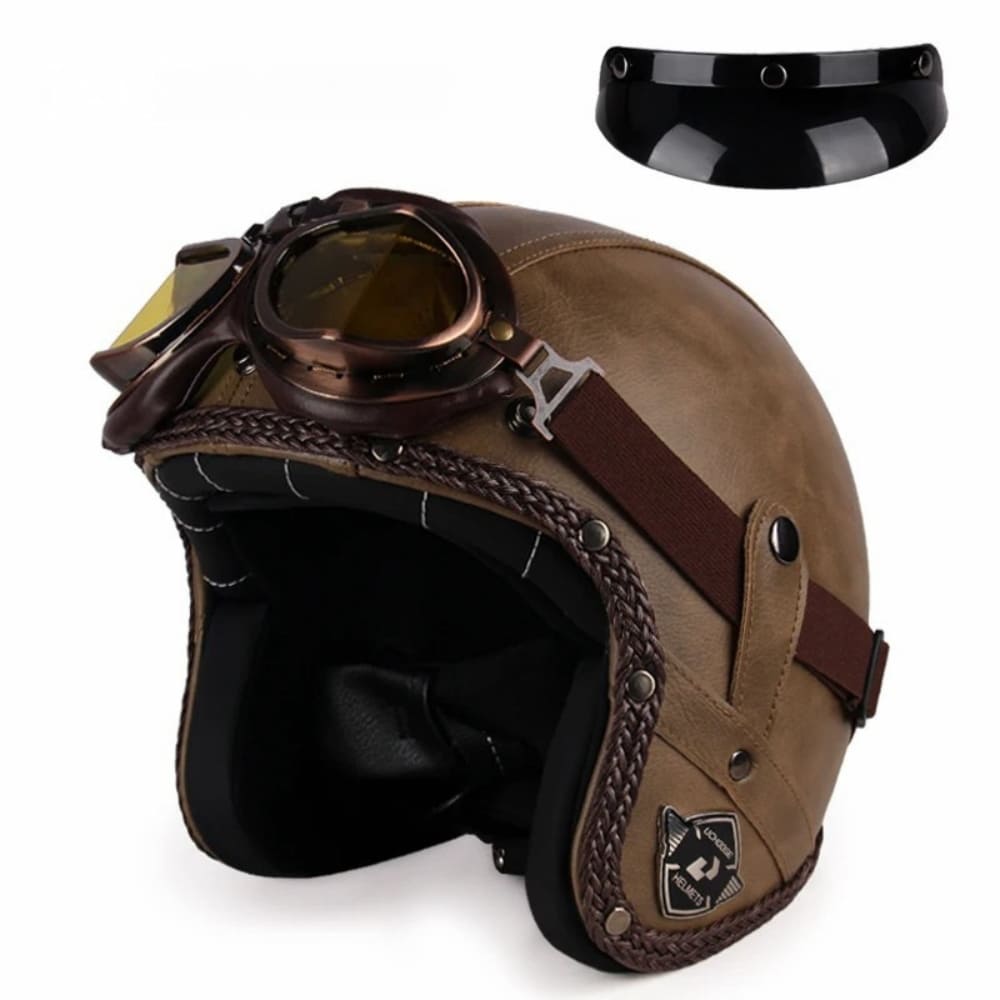 Casque Jet | Retro Vintage | casque moto Cuir Synthétique avec Lunette