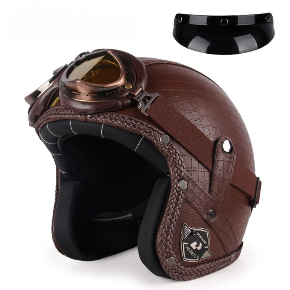 Casque Jet | Retro Vintage | casque moto Cuir Synthétique avec Lunette