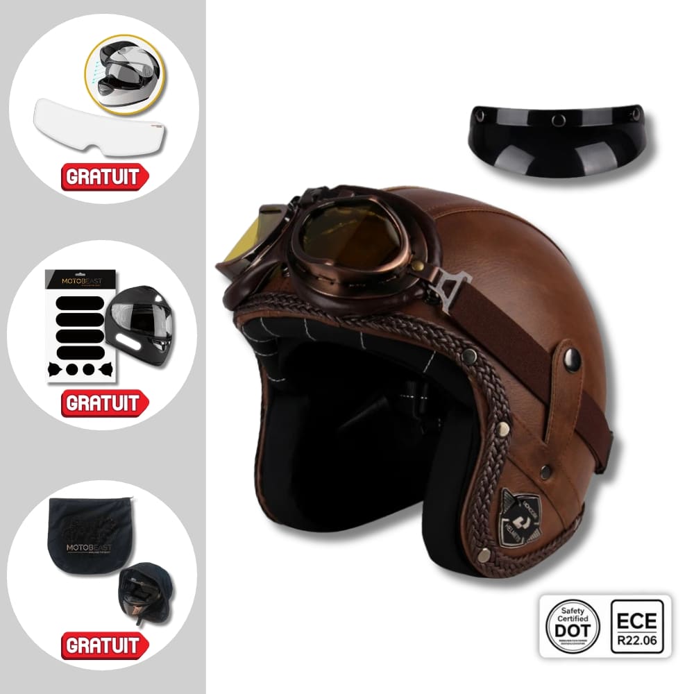 Casque Jet | Retro Vintage | casque moto Cuir Synthétique avec Lunette