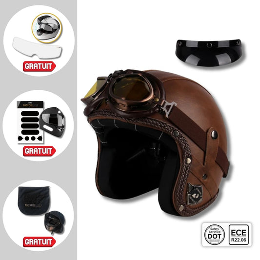 Casque Jet | Retro Vintage | casque moto Cuir Synthétique avec Lunette