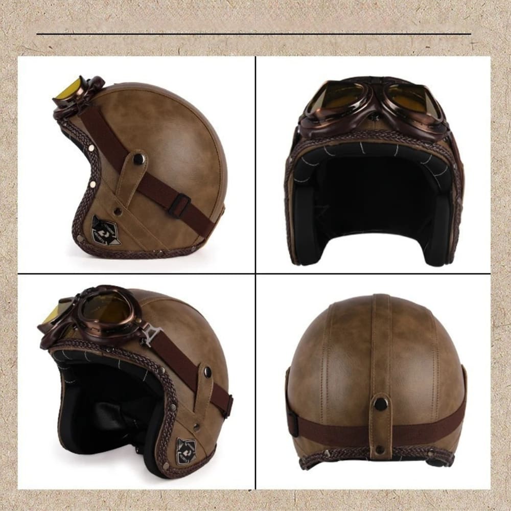 Casque Jet | Retro Vintage | casque moto Cuir Synthétique avec Lunette