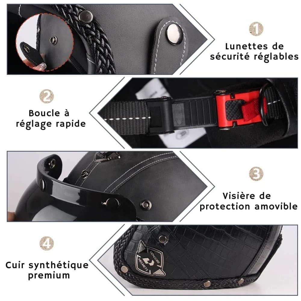 Casque Jet | Retro Vintage | casque moto Cuir Synthétique avec Lunette