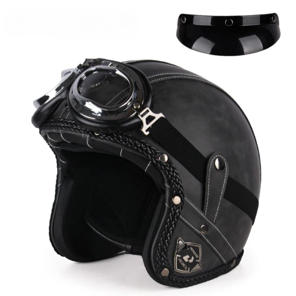 Casque Jet | Retro Vintage | casque moto Cuir Synthétique avec Lunette