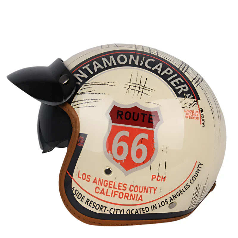 Casque Moto vintage Lucky Route 66 | Face Ouvert  avec Visière