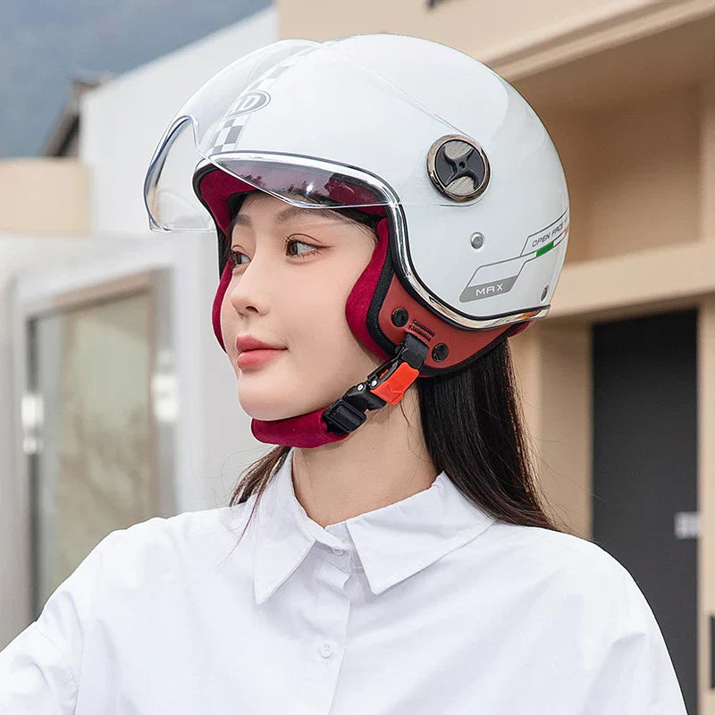 Casque Moto Vintage Femme Blanc/Bordeaux Ultra Confort