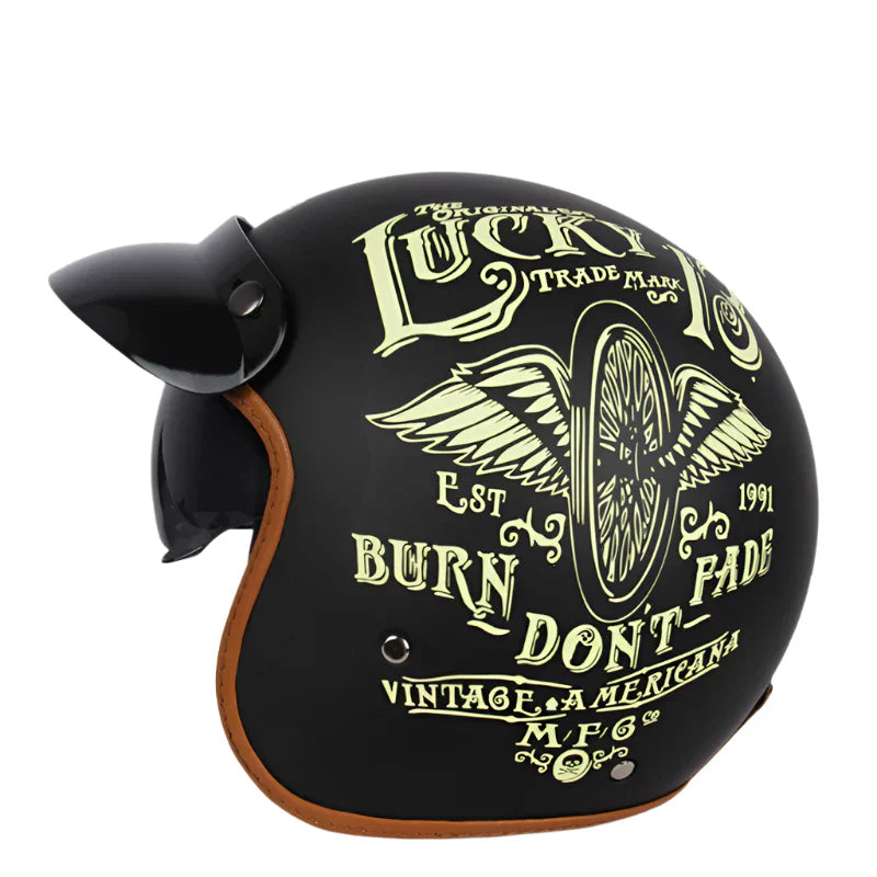 Casque Moto vintage Lucky Route 66 | Face Ouvert  avec Visière