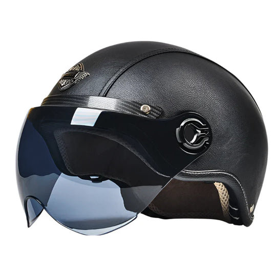 Casque Scooter Retro Vintage | Effet cuir Noir Mate