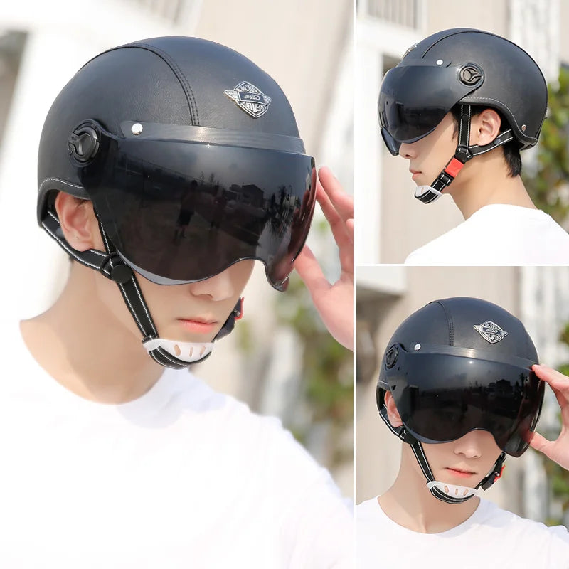 Casque Scooter Retro Vintage | Effet cuir Noir Mate