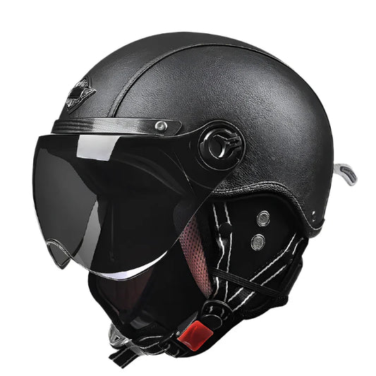 Casque Scooter Retro Vintage | Effet cuir Noir Mate