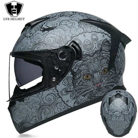 Casque moto Intégrale Femme Motif Chat Gris