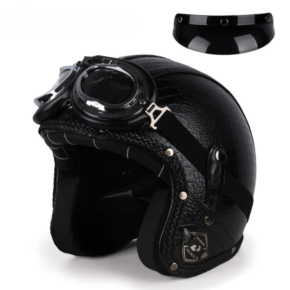 Casque Jet | Retro Vintage | casque moto Cuir Synthétique avec Lunette