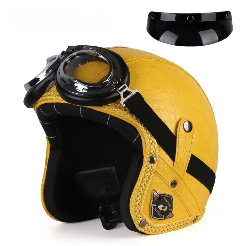 Casque Jet | Retro Vintage | casque moto Cuir Synthétique avec Lunette