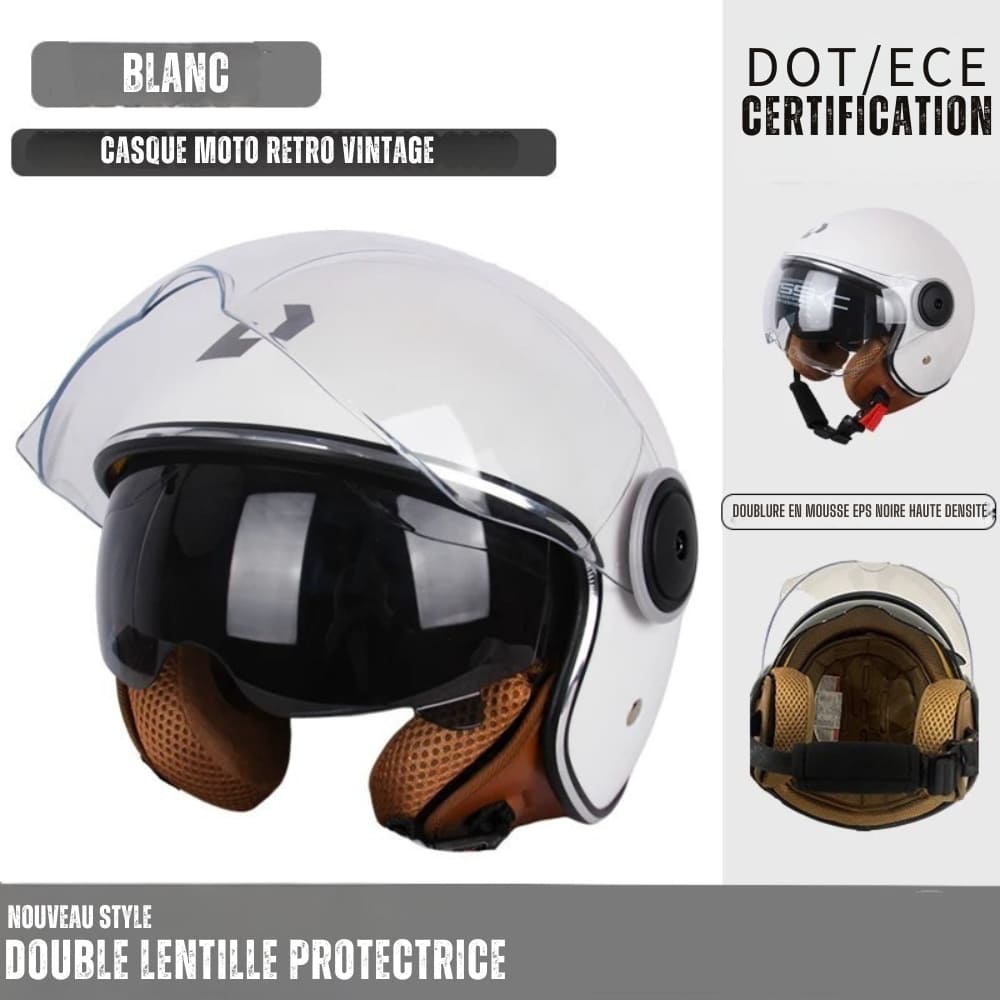 Casque Moto Retro Vintage Blanc  |  Double Visière