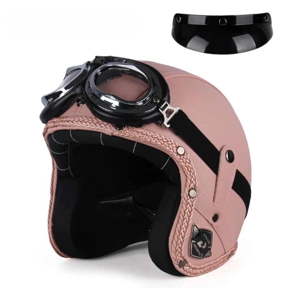 Casque Jet | Retro Vintage | casque moto Cuir Synthétique avec Lunette