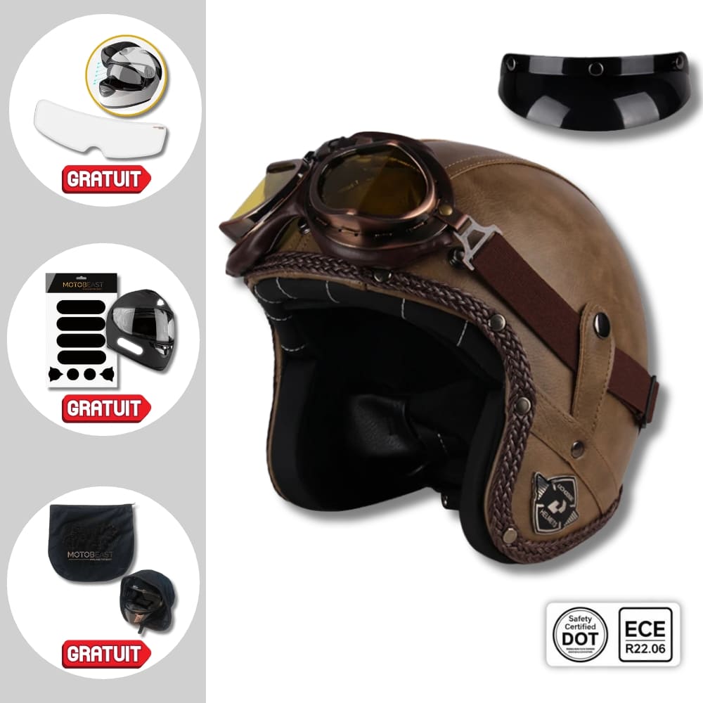 Casque Jet | Retro Vintage | casque moto Cuir Synthétique avec Lunette