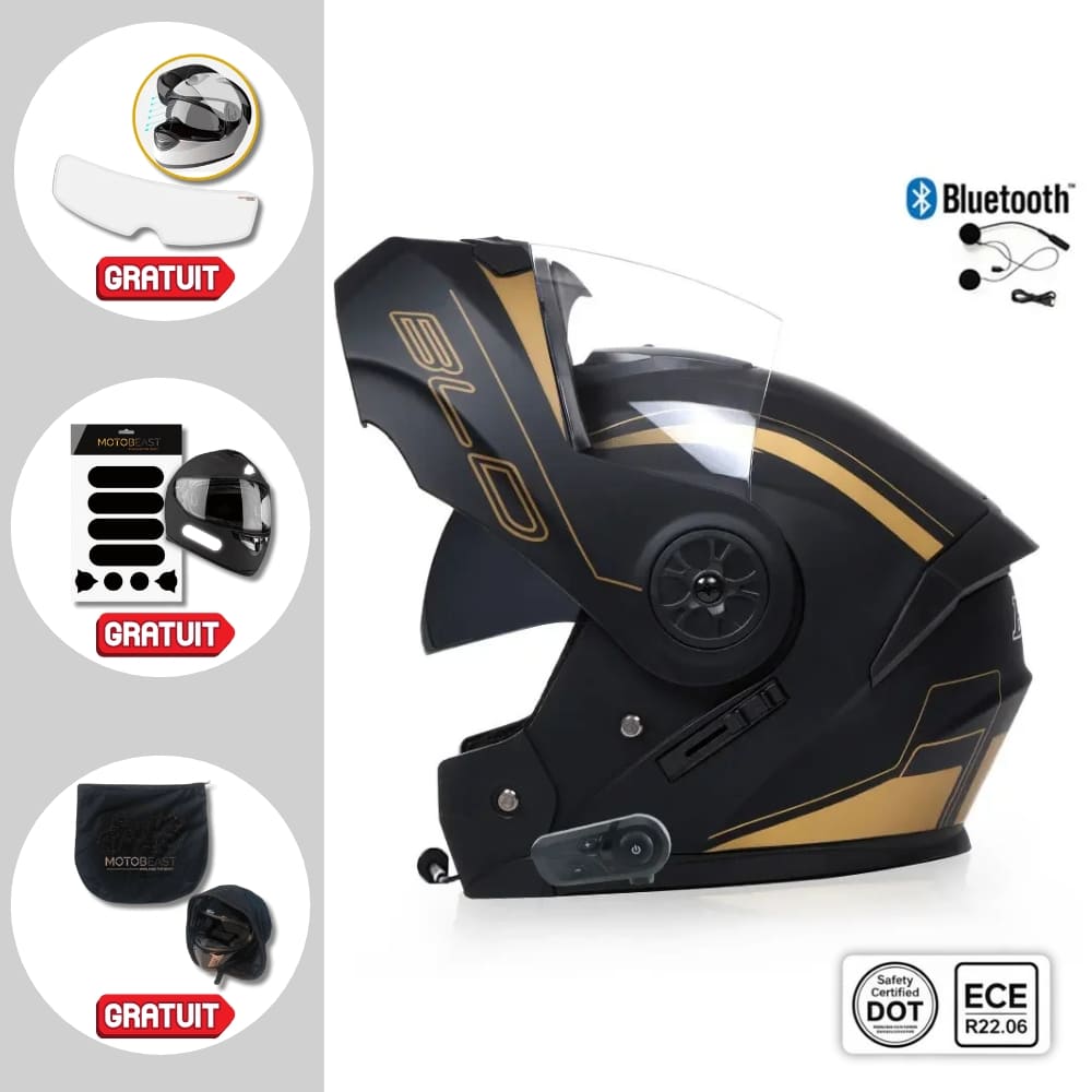 Casque moto Modulable Bluetooth | Noir-Gold | MotoBeast