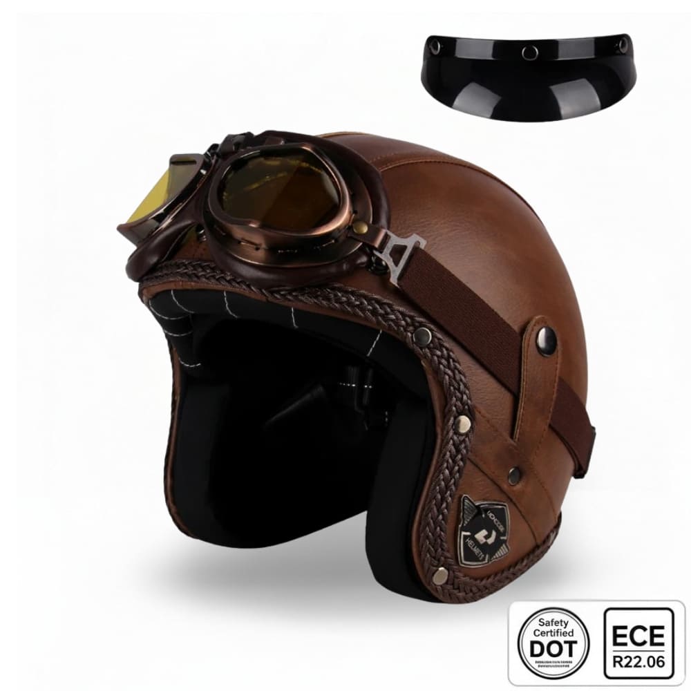 Casque Jet | Retro Vintage | casque moto Cuir Synthétique avec Lunette