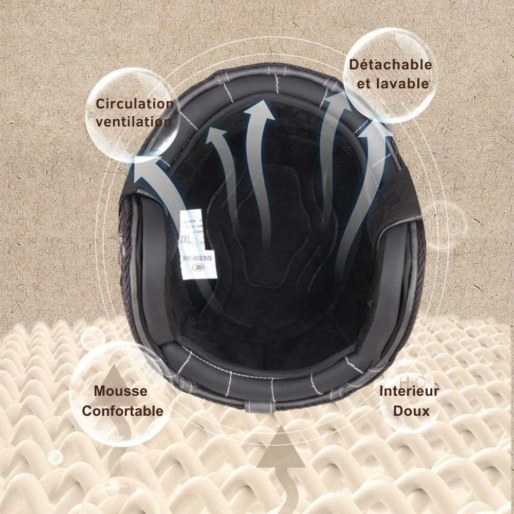 Casque Jet | Retro Vintage | casque moto Cuir Synthétique avec Lunette