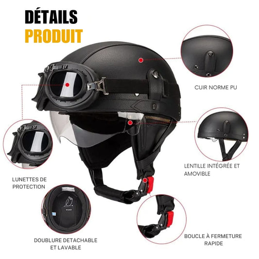 Casque moto Vintage avec Lunette | Livraison Gratuite | 3 CADEAUX OFFERT