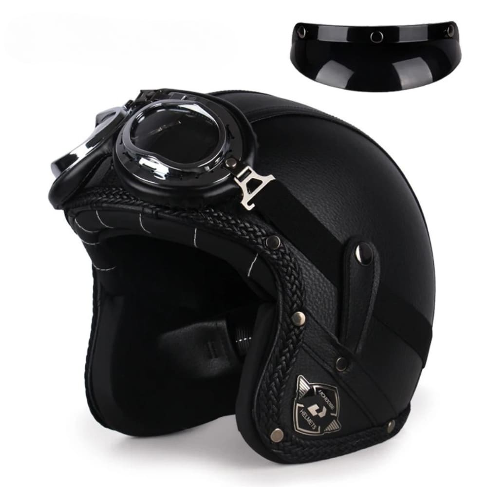 Casque Jet | Retro Vintage | casque moto Cuir Synthétique avec Lunette