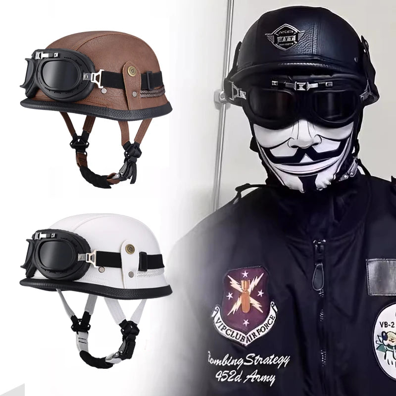 Casque moto Vintage "Cruiser Cuir" avec Lunette