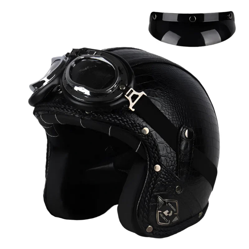 Casque Jet | Retro Vintage | casque moto Cuir Synthétique avec Lunette